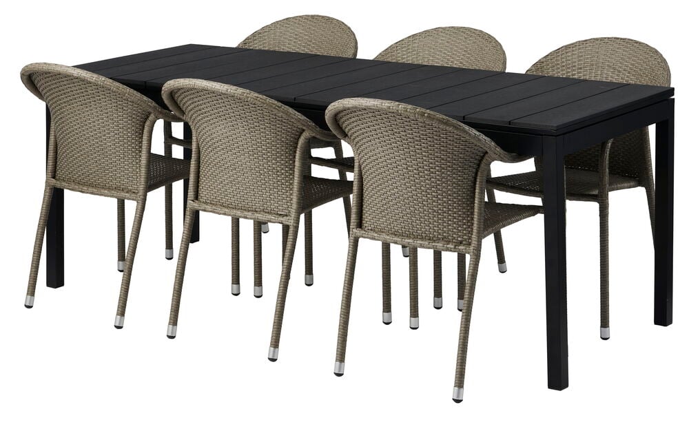 Musta jatkettava ruokapöytä kuudella punotulla tuolilla.