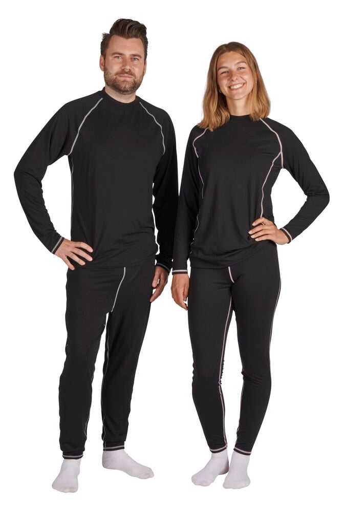 Två personer i svarta underställ med vita strumpor.