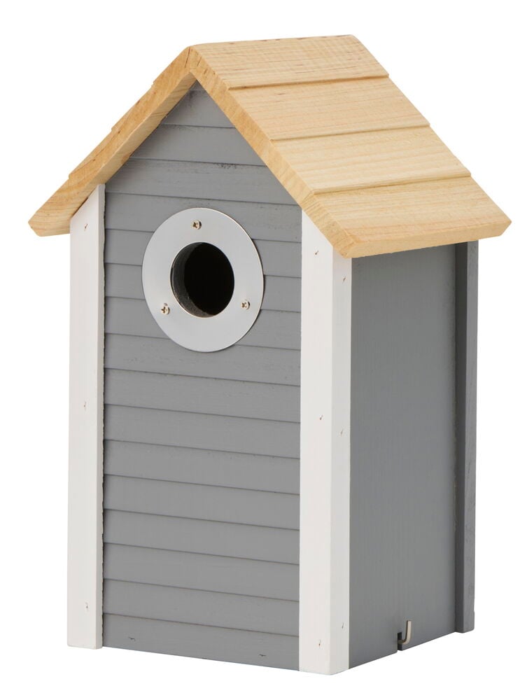 Harmaa linnunpönttö, jossa on valkoinen ja metallivahvisteinen sisäänkäynti.