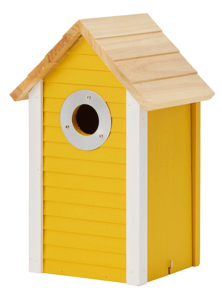 Keltainen linnunpönttö, joka on valmistettu puusta ja varustettu valkoisella ja metallirenkaalla.