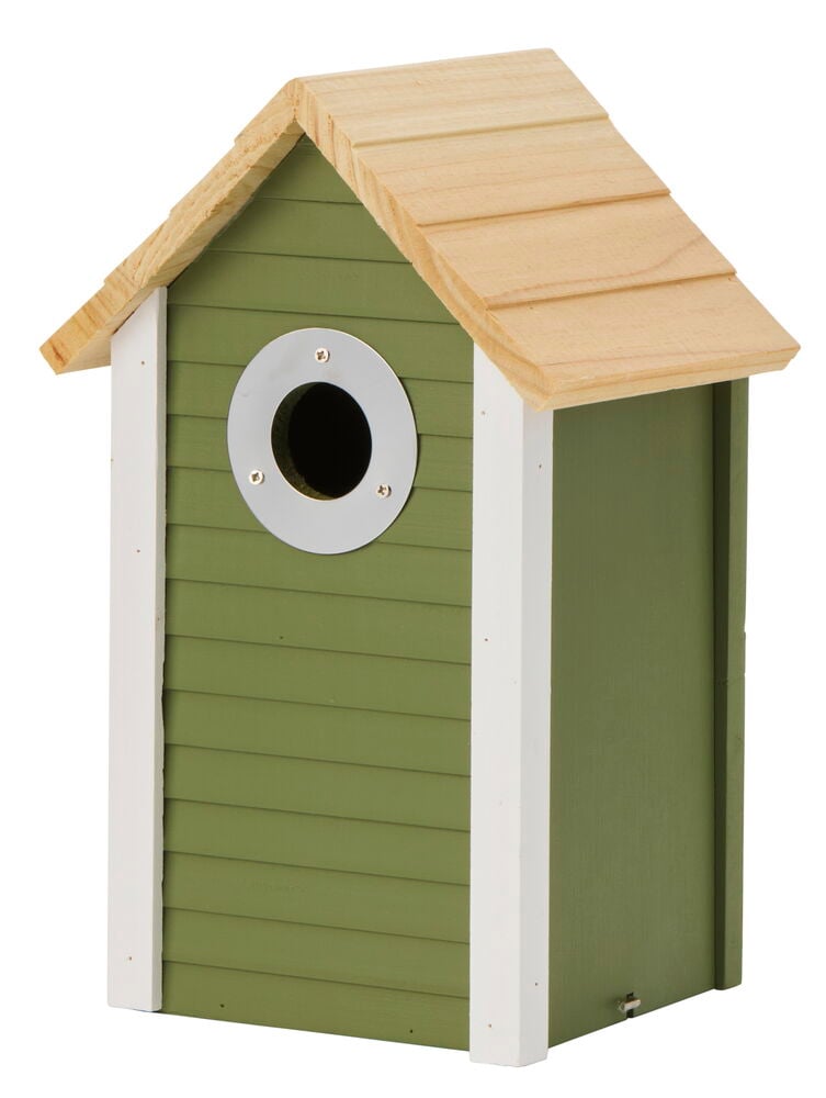 Vihreä linnunpönttö, jossa valkoinen ja puinen katto.