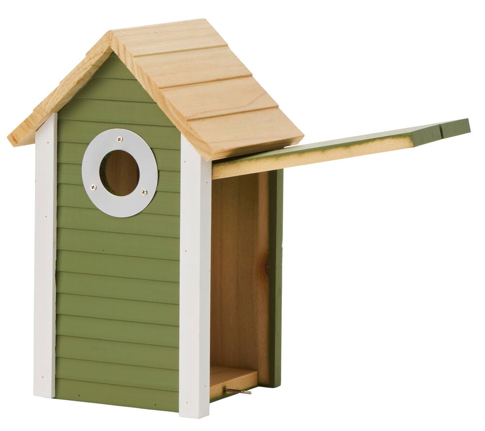 Vihreä linnunpönttö puusta avoimella katolla.