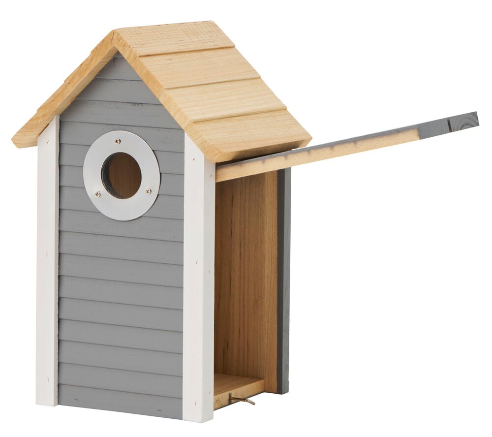 Harmaa linnunpönttö, jossa on avattava sivu.