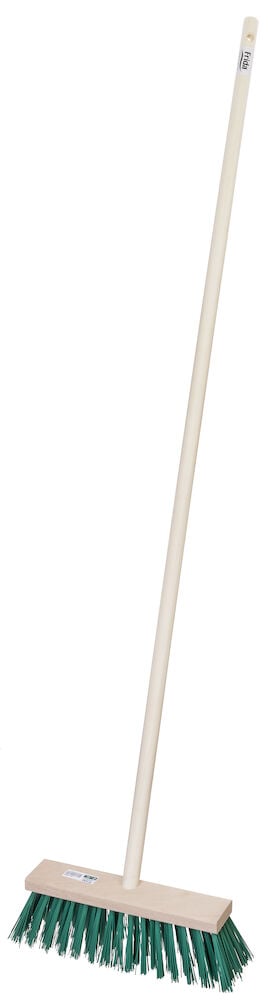 Luuta, jossa on puuvarsi ja vihreät harjakset.