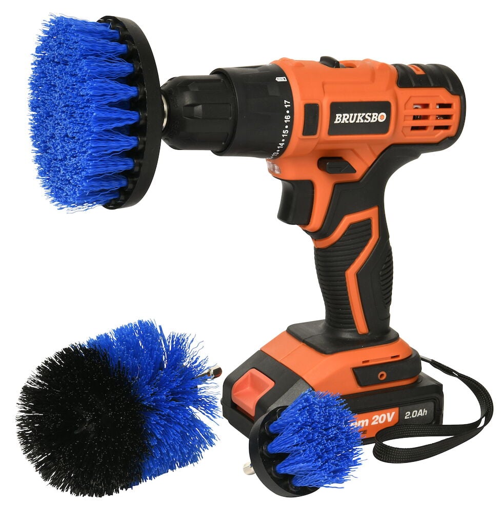 Batteridriven skruvdragare med tre blå borstar.