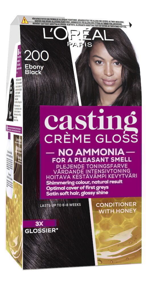 Svart hårfärg i kartong med bild på kvinna.