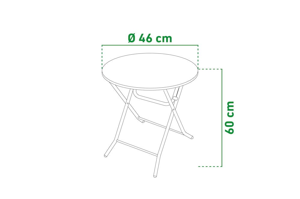 Pyöreä taittuva kahvilapöytä mittatiedoilla.