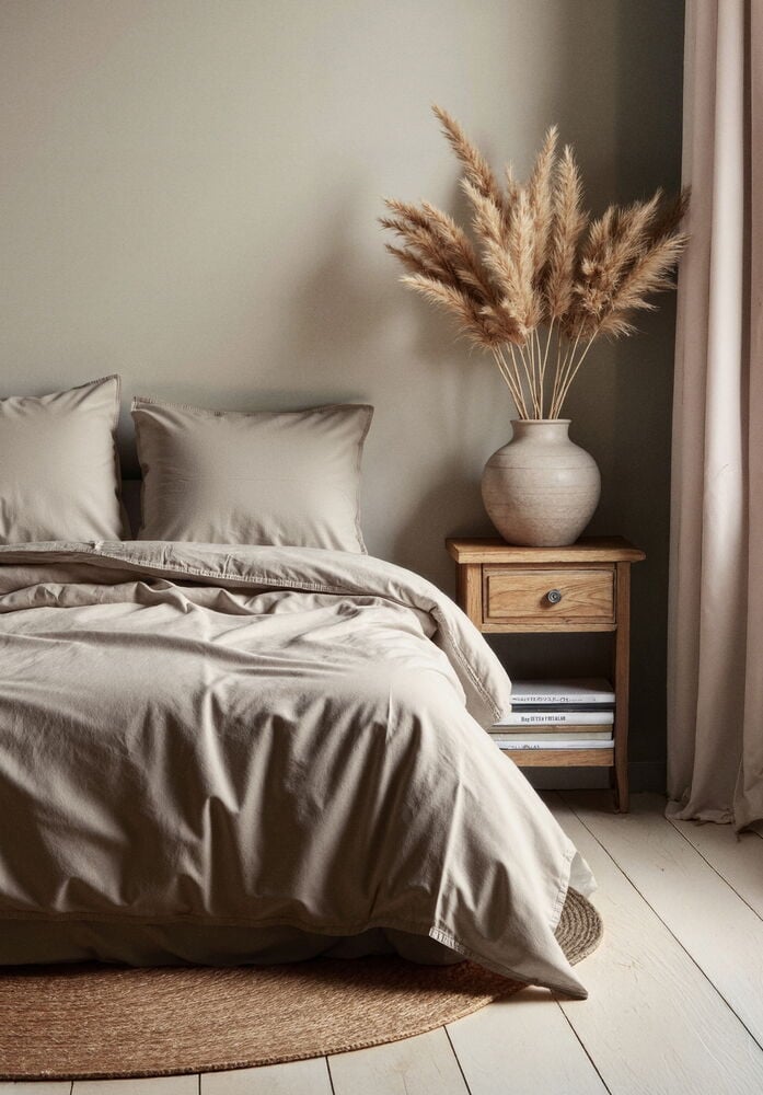 Bettwäsche-Set Vida 135x200 cm Beige Baumwolle mit passenden Kissen auf einem Bett.