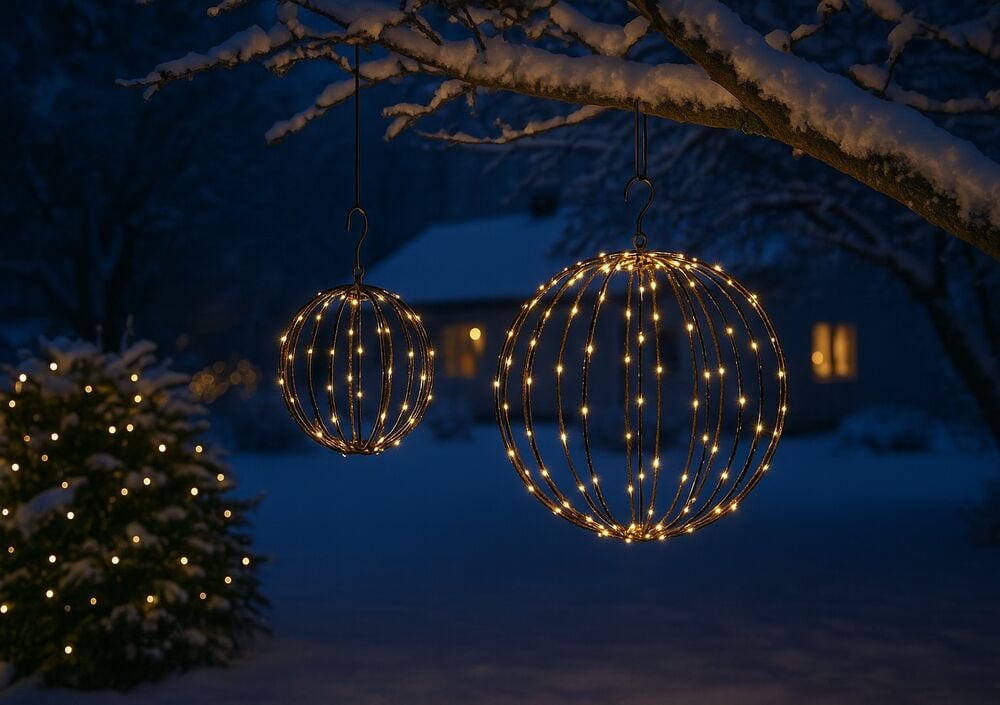 Zwei Dekorationsbeleuchtung Globe Warmweiß, Metallkugeln mit LEDs, hängen an einem schneebedeckten Ast im Freien.