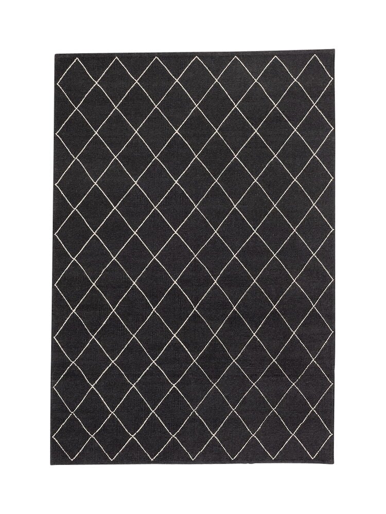 Tummanharmaa villamatto vaalealla ruutukuviolla.