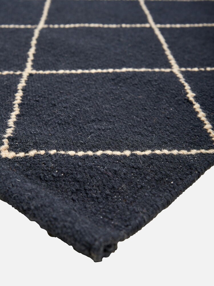 Tummansininen villamatto vaalealla ruutukuviolla.