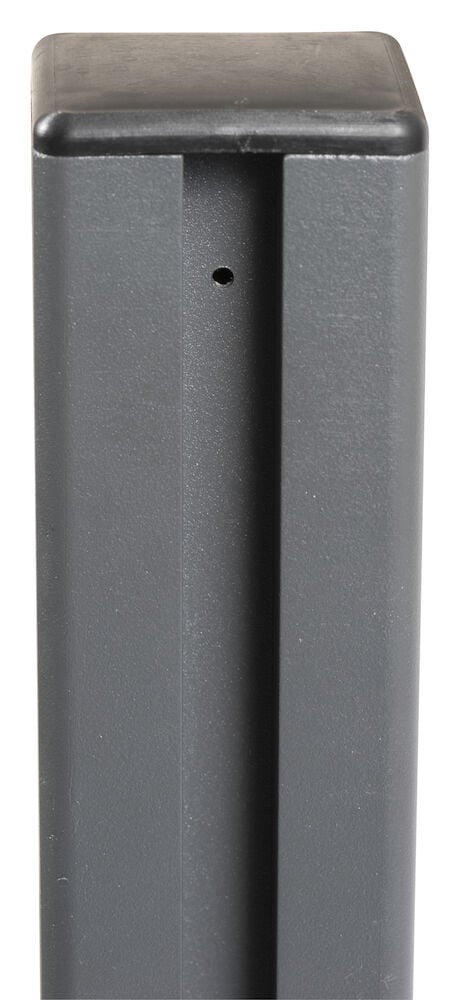 Harmaa alumiinitolppa mustalla pyöreällä muovikannella.
