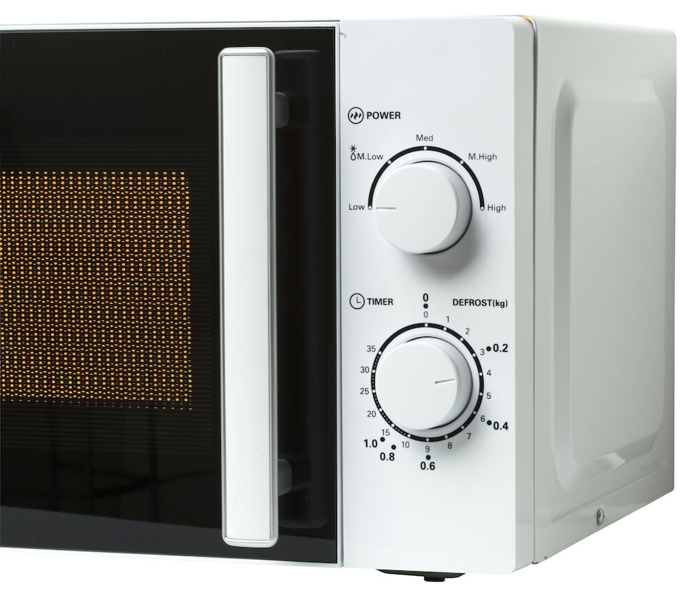 Weißer Mikrowellenherd mit zwei manuellen Drehknöpfen.