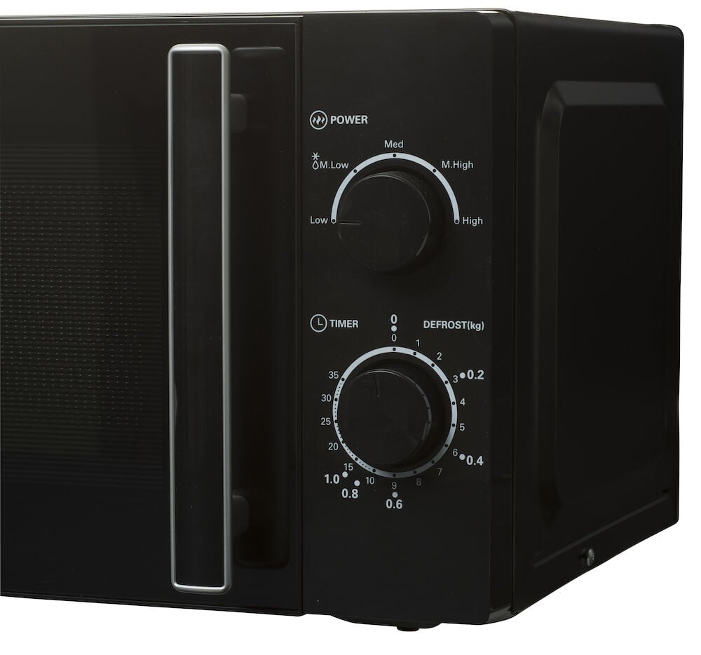 Svart mikrovågsugn med två reglage och handtag.