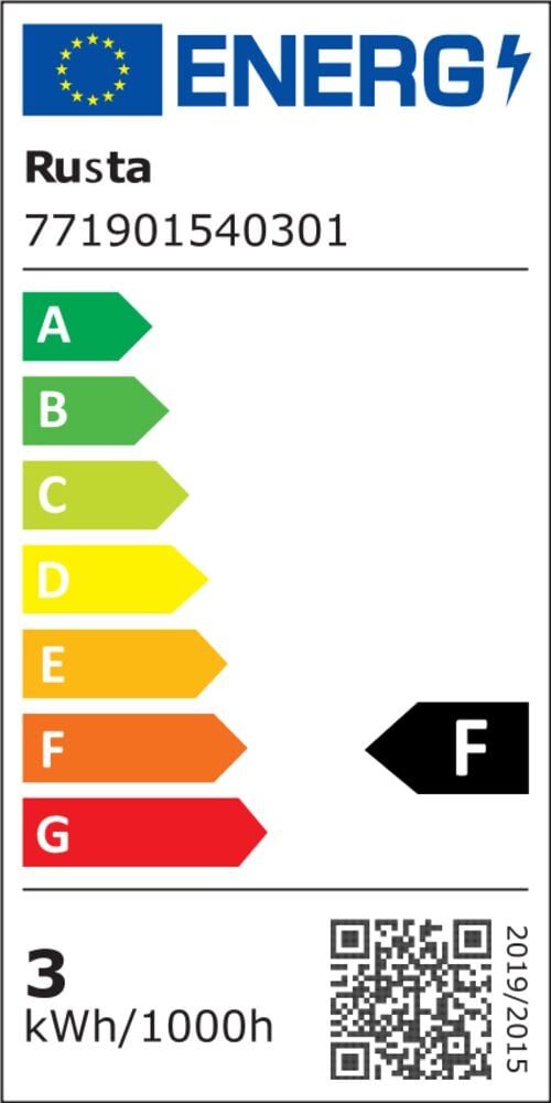 Lysgardin LED system har EU energiklasse F, forbruker 3 kWh/1000h.