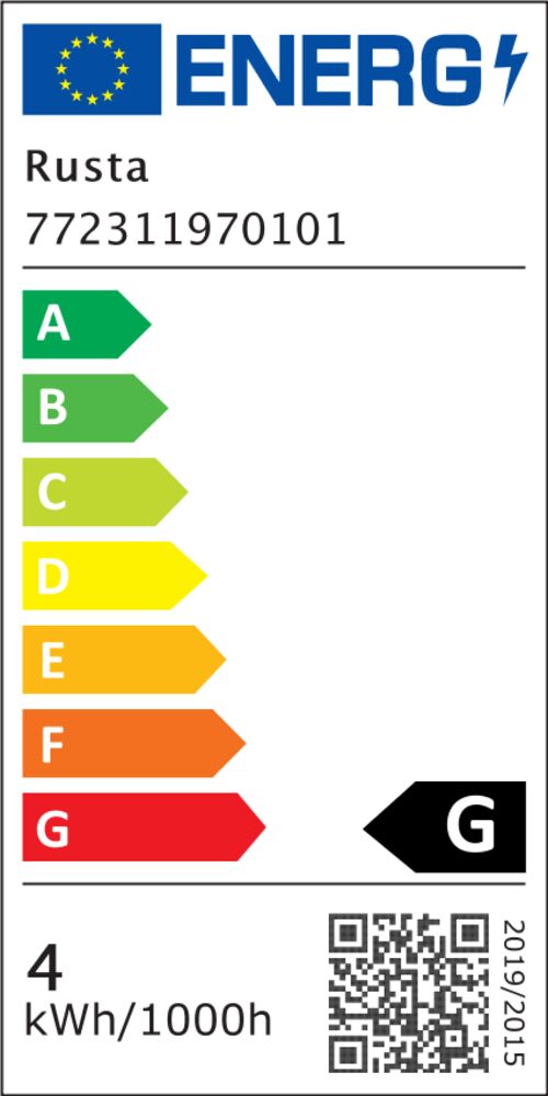EU energimerke med A-G skala, viser G-klasse, med 4 kWh per 1000t forbruk.