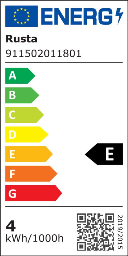 EU energimerking for LED-pære E27 95mm 4W 440lm, viser energiklasse E, 4 kWh/1000h forbruk.
