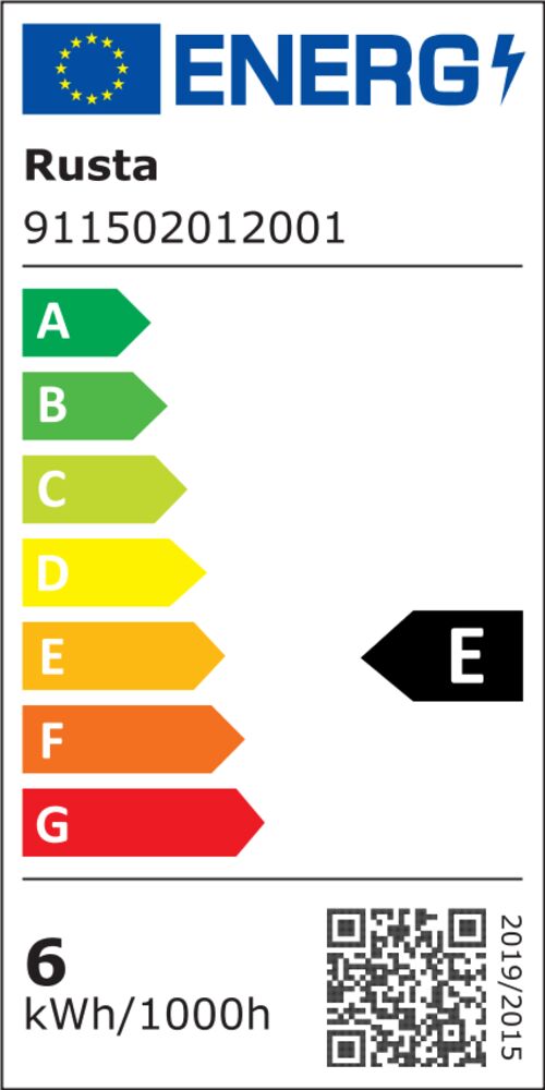 LED-lampun E27 energiamerkintä, näyttää energialuokan E ja 6 kWh/1000h kulutuksen.