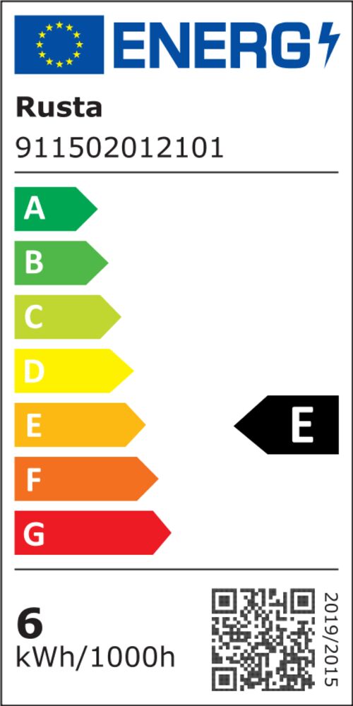 EU:s energimärkning för LED-lampa E27 125 mm 6W 700lm Klar Globe Dim, klass E.