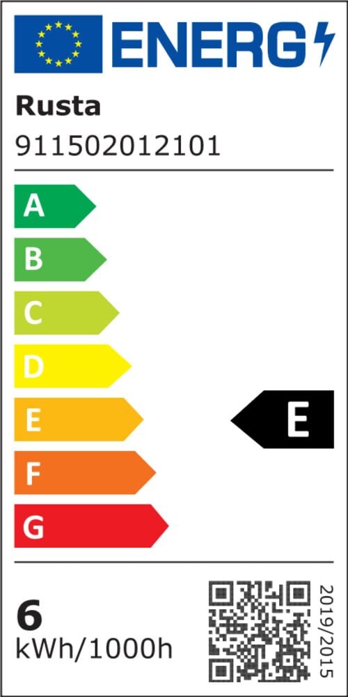 Energimärkning för LED-lampa (E27 125mm 6W 700lm Klar Globe Dim), som visar E-klass och 6 kWh/1000h.