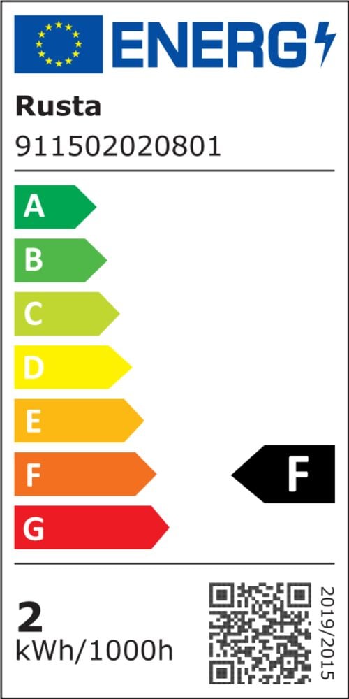 EU:s energimärkning för Rusta LED-lampa E14 1,5 W, klass F, med 2 kWh/1000h förbrukning.
