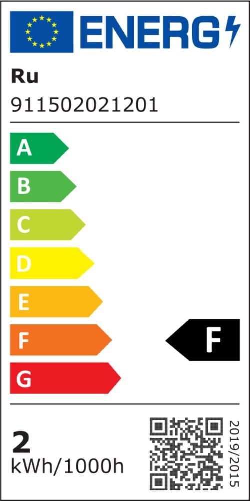 Vit EU-energimärkning för E14 LED-lampa, visar energiklass F och 2 kWh/1000h.