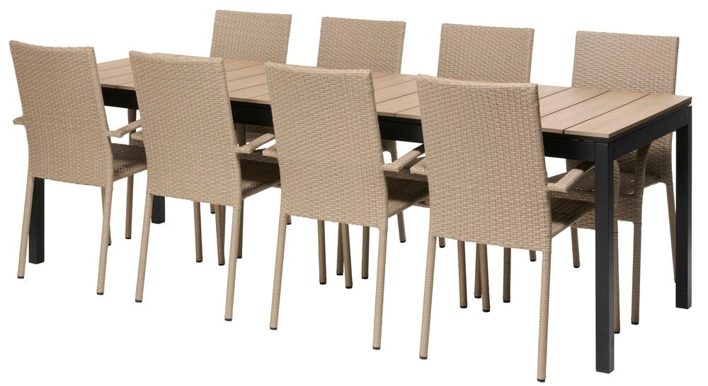 Barcelona-pöytä, jatkettava + 8 Rimini-tuolia