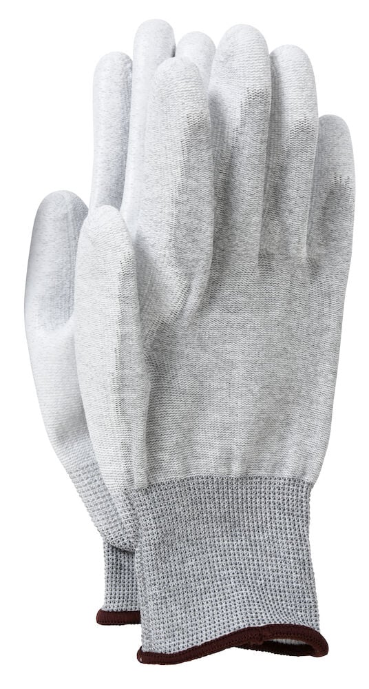 Grå målarhandske i polyester med mörkbrun kant.