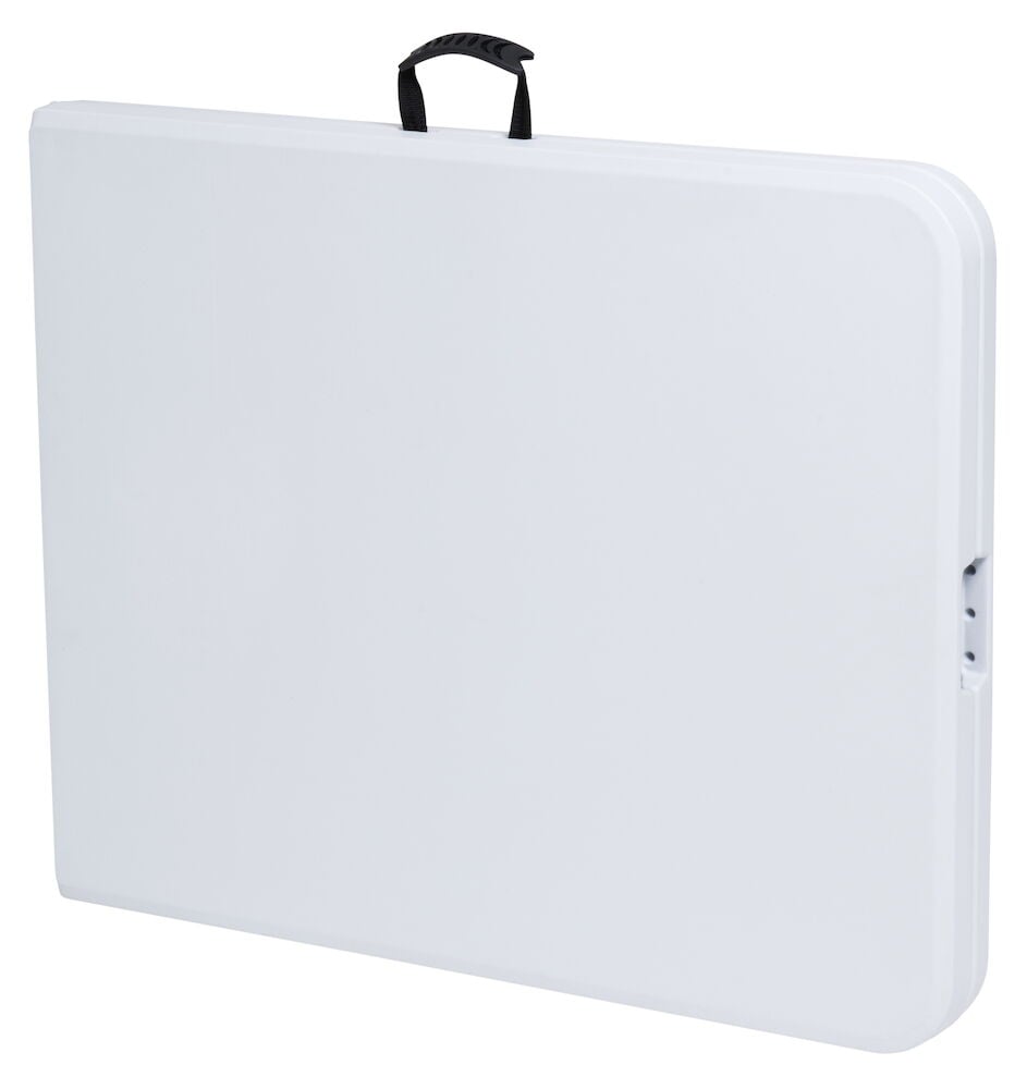 Klappbarer weißer Tisch mit schwarzem Tragegriff.