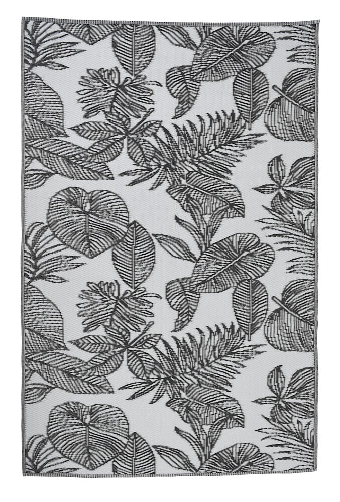 Rektangulär bastmatta med bladmotiv i antracit och vitt.