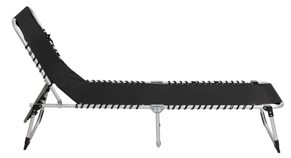 Seitenansicht einer schwarzen Aluminium Sonnenliege Capri mit schwarzem Stoff, der mit Gummibändern gespannt ist.