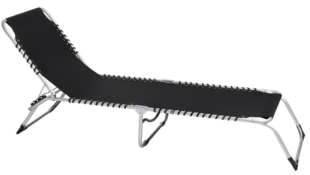 Schwarze Aluminium-Sonnenliege Capri mit verstellbarer Rückenlehne und Gummiseilaufhängung.