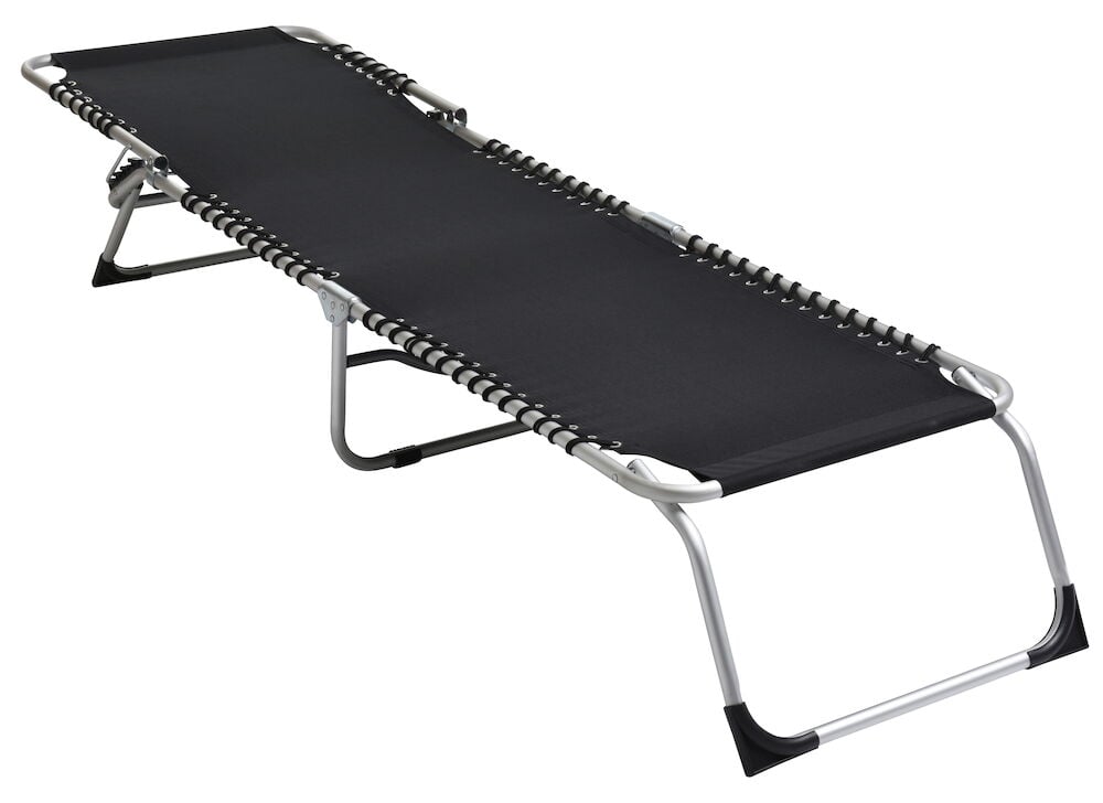 Eine erhöhte Sonnenliege Capri 190x58x30 cm Schwarz Aluminium mit schwarzem Stoff und silbernem Rahmen.