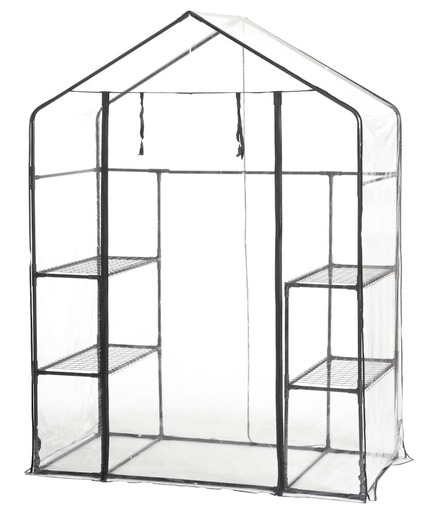 Musta kasvihuone, jossa läpinäkyvä päällys ja neljä hyllyä.