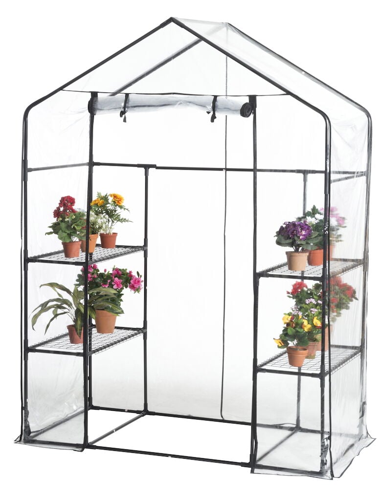 Kasvihuone, jossa on hyllyjä ja kukkaruukuissa olevia kukkia.