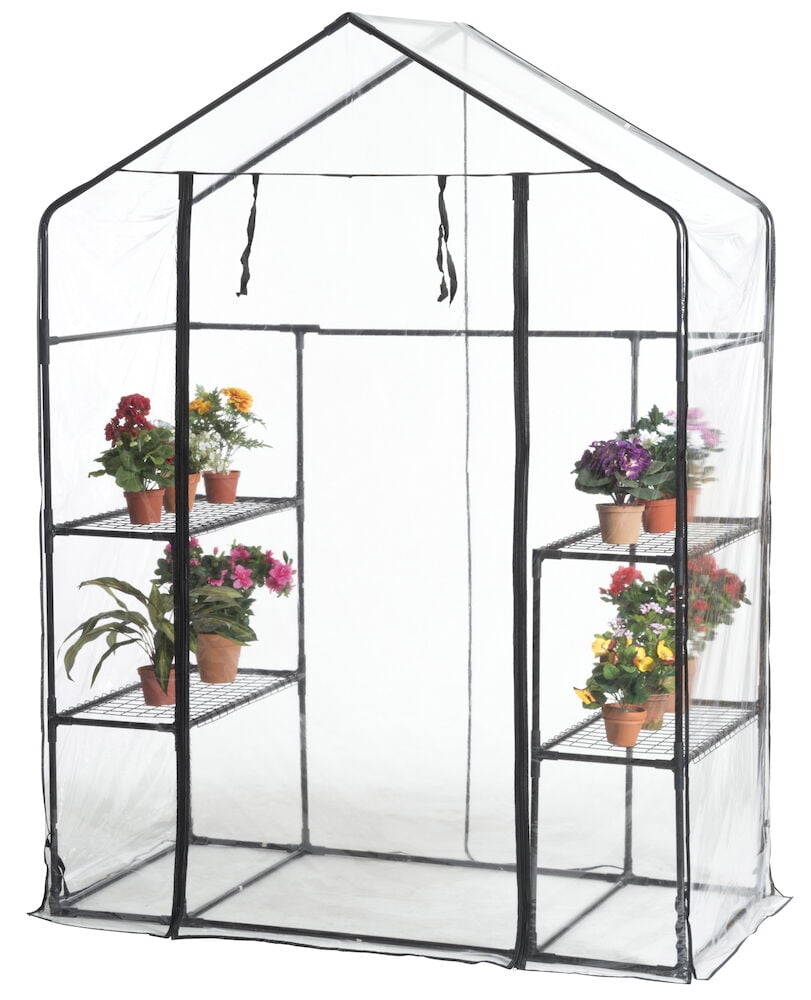 Kasvihuone teräsrungolla ja muovipeitteellä täynnä kasveja.