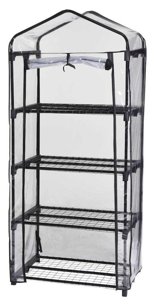 Pieni musta kasvihuone, jossa on neljä ritilähyllyä.