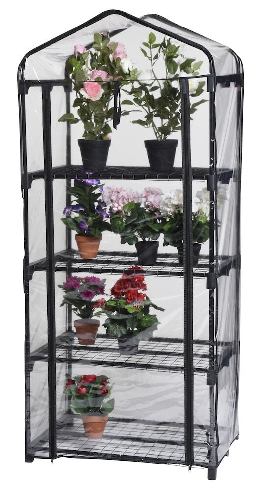 Musta metallinen kasvihuone neljällä hyllyllä kasveille.