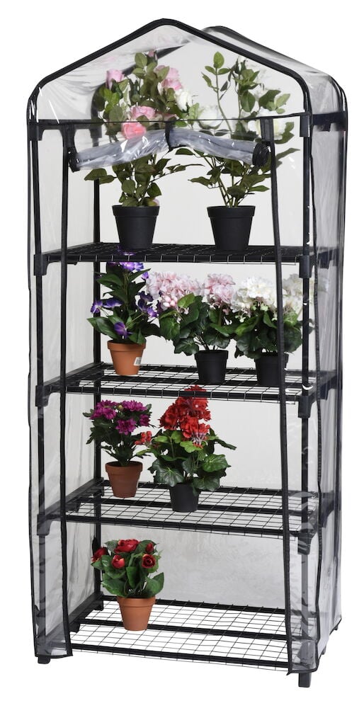 Pieni musta kasvihuone, jossa on neljä hyllyä ja kukkia.