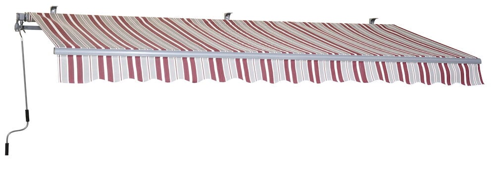 Stripete terrassemarkise med sveiv grå og bordeaux.
