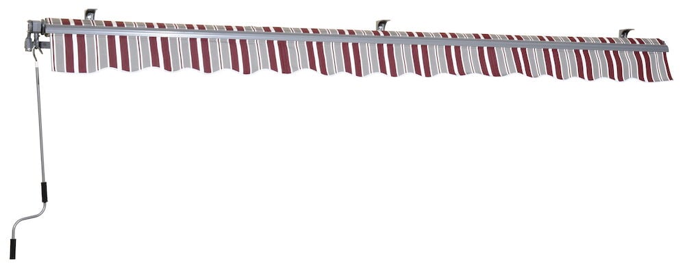 Manuell terrassmarkise grå bordeaux med sveiv og veggfester.