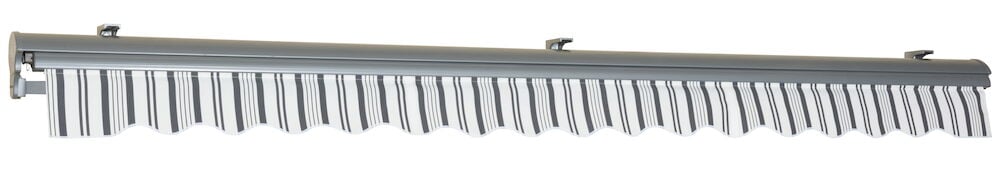 Gråvit randig terrassmarkis i aluminium halv kassett.