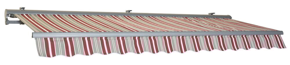 Grå og bordeaux stripet terrassemarkise på vegg.