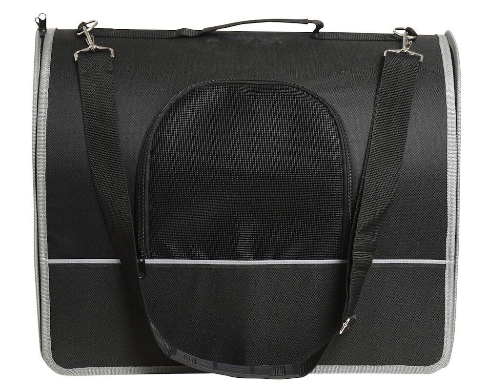 Svart djurtransportväska med axelrem och nätventilation.