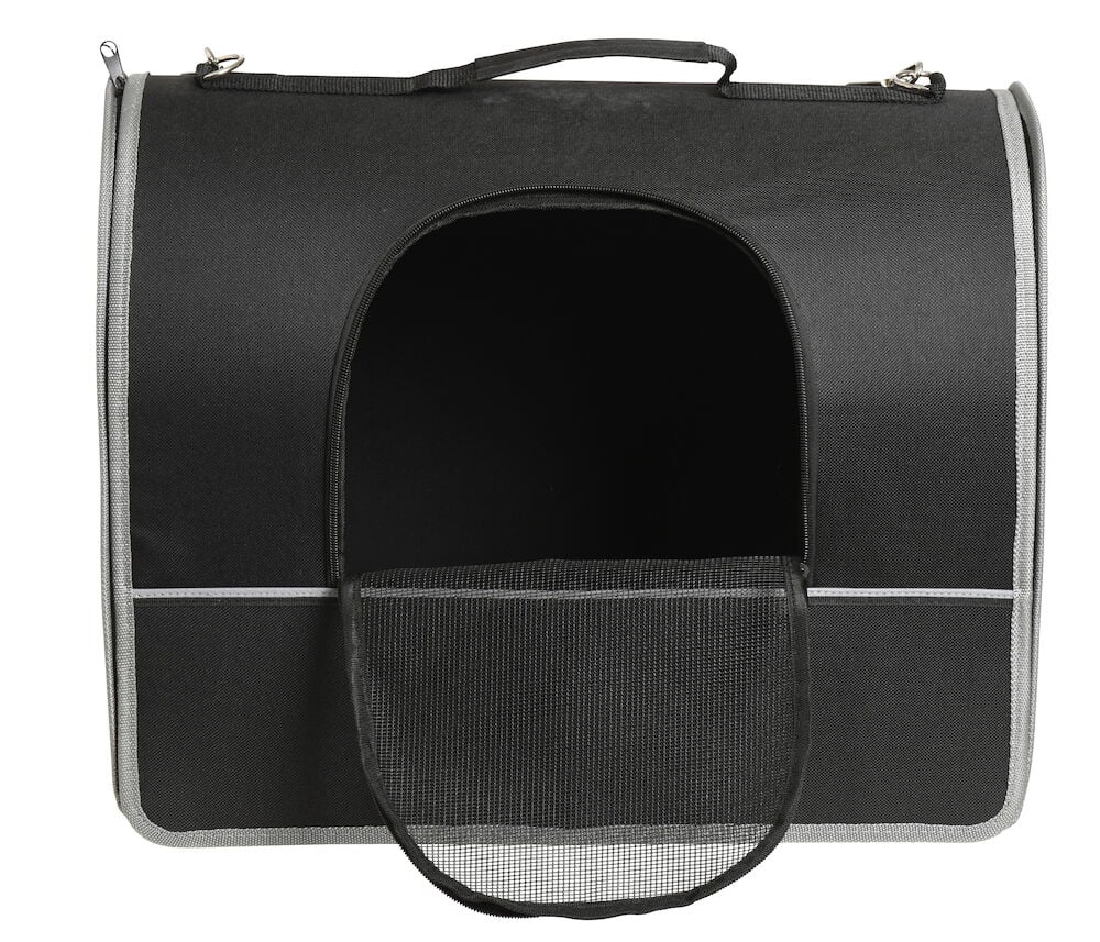 Svart djurtransportväska med öppen nätad ingång.