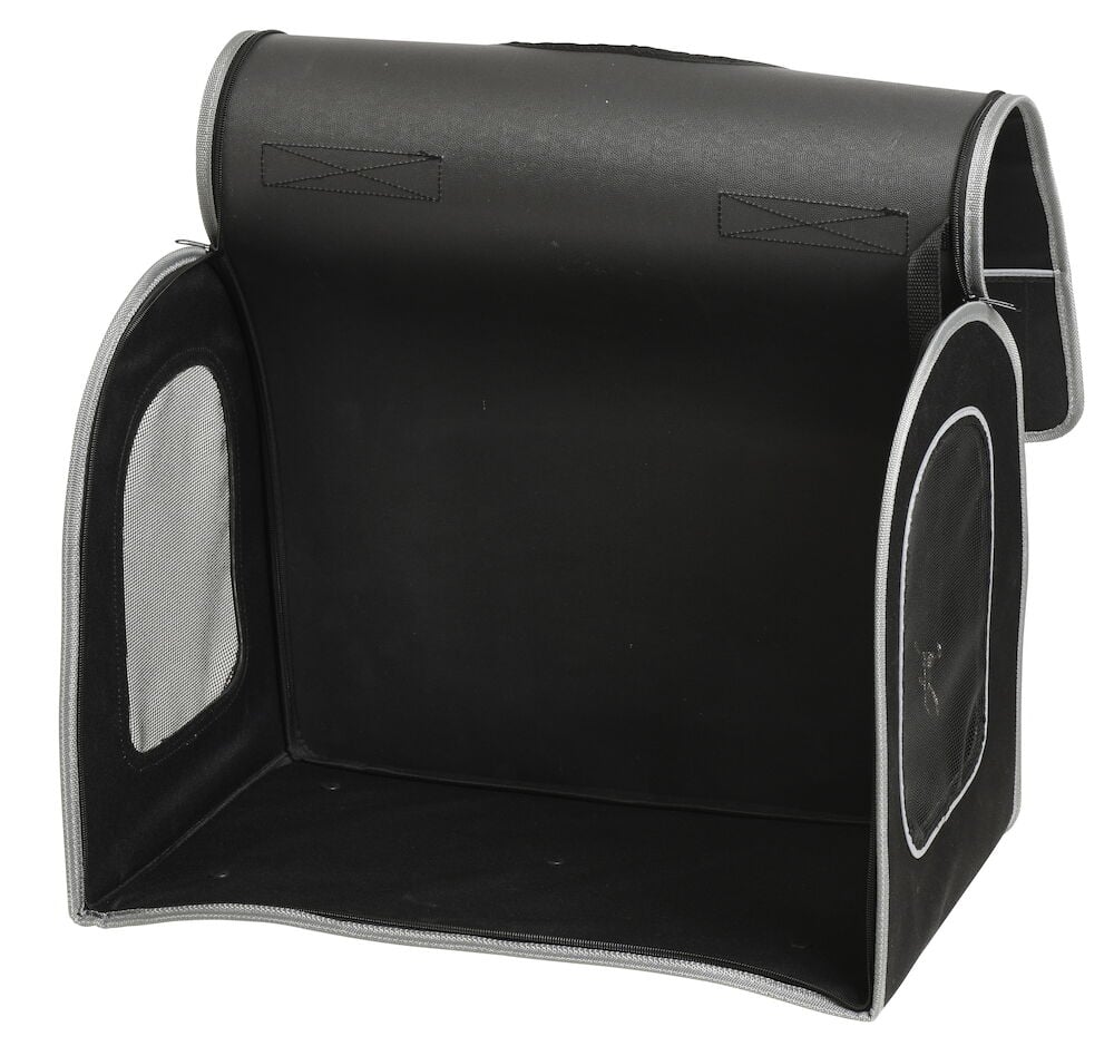 Svart hopfällbar djurtransportväska med nätpanel och öppning.