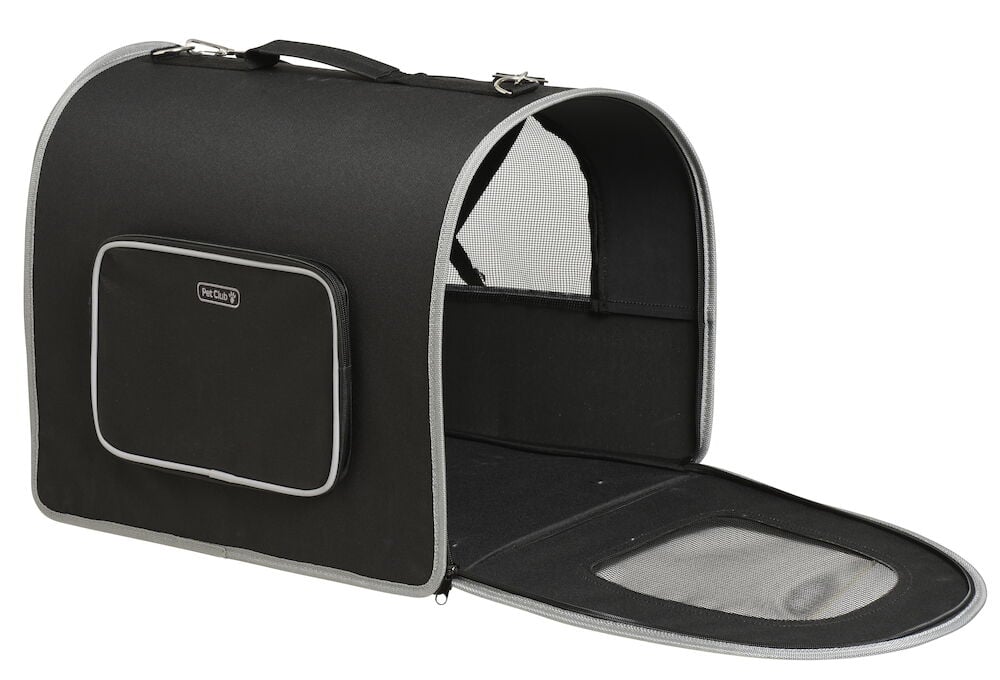 Svart djurtransportväska med öppet nätlock och ficka.