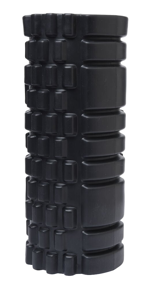 Schwarzer Schaumstoffroller mit gemusterten Oberfläche für Massage.