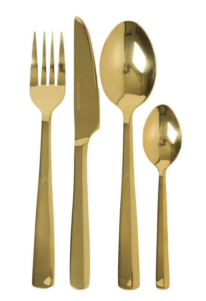 Neljä kultaista aterinta ruostumattomasta teräksestä.