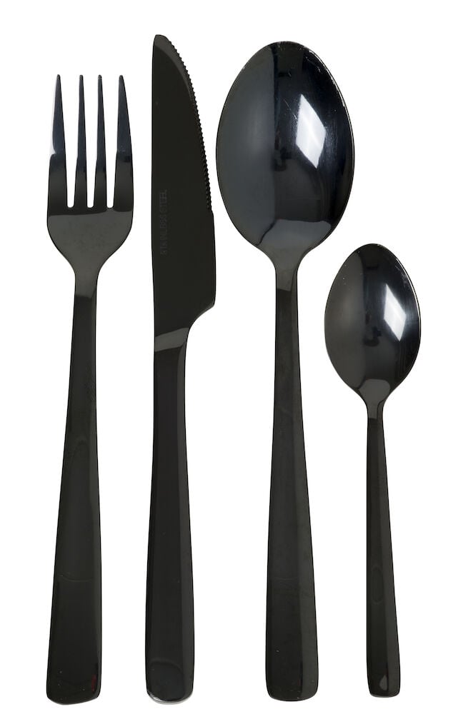 Neljä mustaa ruostumattomasta teräksestä valmistettua aterinta.